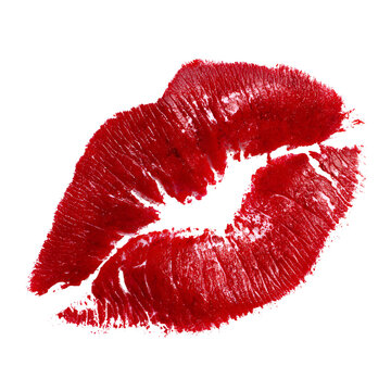 Vibrant red lipstick kiss mark on black background