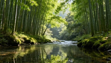 Tranquil river flowing through a dense, tall grove of green bamboo with moss covered banks and bright filtered sunlight.