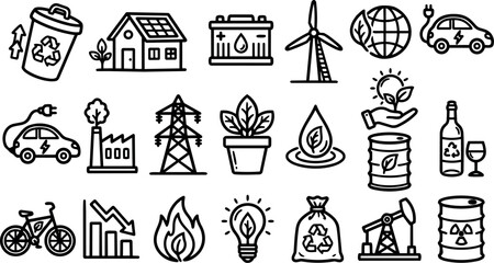 Minimalist line art vector icon set of renewable energy and recycling symbols arranged in horizontal grid with black stroke outline