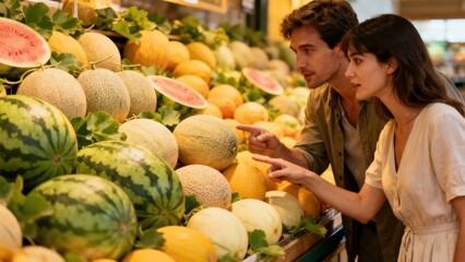 Couple selects striped watermelons and netted cantaloupes from a bright produce display in a grocery market.