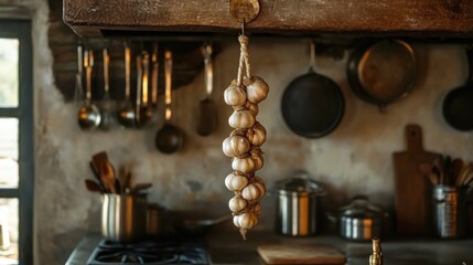 Rustic kitchen display of garlic bulbs