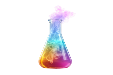 Vibrant rainbow colored smoke rising from chemistry flask