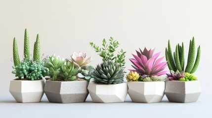 Succulent collection in geometric pots.  A display of various succulents in modern, geometric planters, against a light background.  The plants showcase a variety of shapes, sizes, and colors