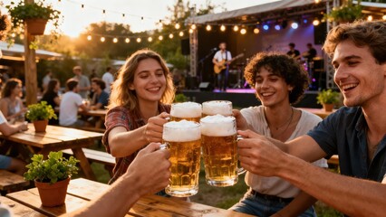 Four smiling young adults toast with foaming golden beer steins at an outdoor garden party with live music and warm sunset lighting.