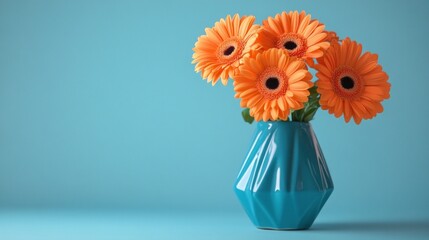 Vibrant orange gerbera daisies in teal vase against a backdrop of turquoise