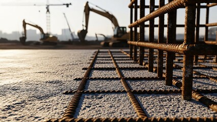 Ultra Detailed Steel Rebar Texture with Blurred Construction Site Background and Cinematic Lighting