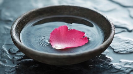 Pink rose petal floats on water in a bowl