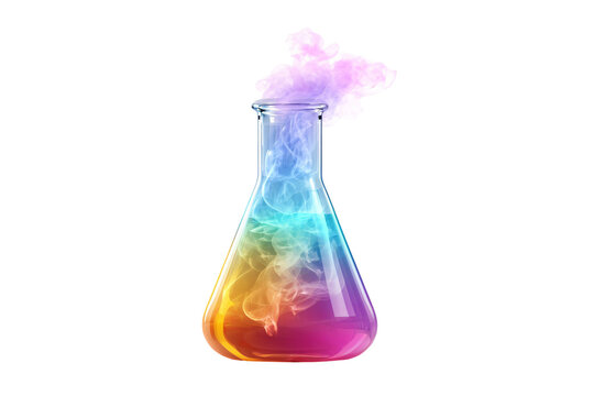 Vibrant rainbow colored smoke rising from chemistry flask
