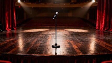 Black microphone centered on a polished wooden stage with dramatic spotlights and deep red velvet curtains in a large, empty performance theater.