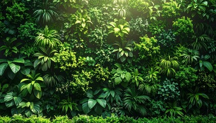 Obraz premium Lush green herb and plant wall with dense foliage, natural texture and fresh leaves, soft daylight, calming forest-inspired background, high-resolution nature wallpaper