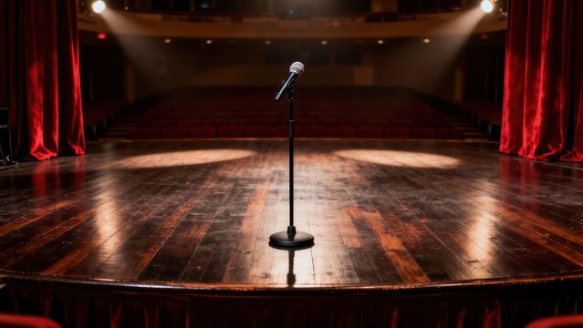 Black microphone centered on a polished wooden stage with dramatic spotlights and deep red velvet curtains in a large, empty performance theater.