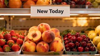 Colorful display of ripe peaches and sweet red berries arranged beneath a 'New Today' promotional sign in a refrigerated grocery section.