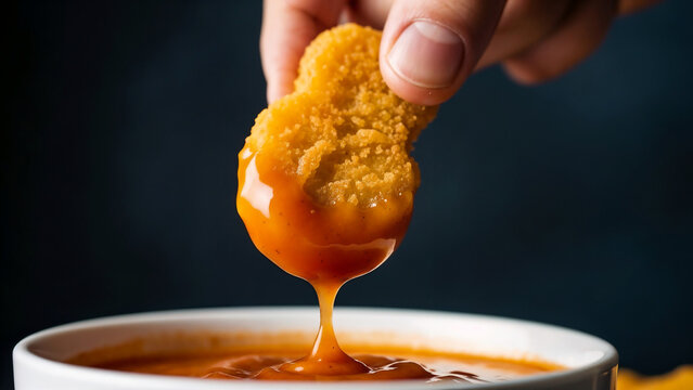 Person dipping nugget in spicy sauce &ndash; symbol of bold flavor