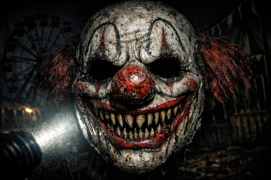 Creepy Clown with Evil Smile Holding Flashlight for Halloween Horror Theme