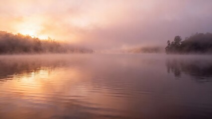 Obraz premium Pink and orange sunrise light reflecting across the surface of a misty forest lake surrounded by dense evergreen trees.