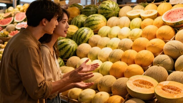 Asian couple inspecting rows of striped watermelons and orange cantaloupe melons at a brightly lit grocery store produce section. - Powered by Adobe