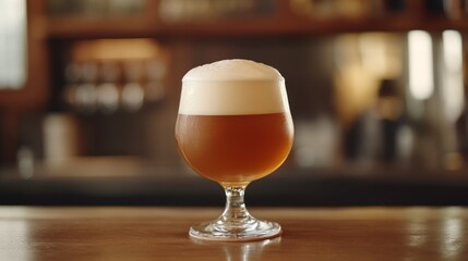 A glass of light amber beer, topped with a thick head of foam, sits on a wooden bar