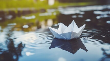 Paper boat floats on tranquil water