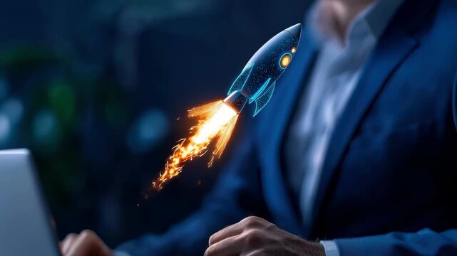 Business man in suit launching digital rocket startup from laptop, symbolizing innovation, technology, and growth in futuristic business success