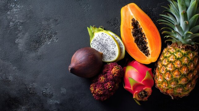 Different types of tropical fruits are placed on a dark background. The arrangement includes papaya dragon fruit pineapple and more. The scene highlights freshness and variety in fruits.