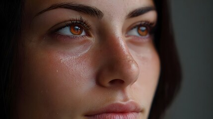 Close up of a woman s face with expressive amber eyes glistening with emotion and moisture
