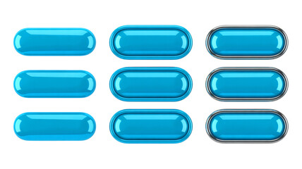 Nine vibrant glossy blue web buttons with smooth rounded edges in three distinct design styles...