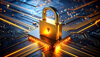 Metallic padlock glowing on digital circuit board.
