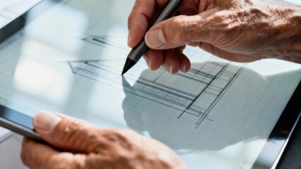 Mature designer drawing architectural blueprints using a gray stylus pen on a modern digital tablet display.