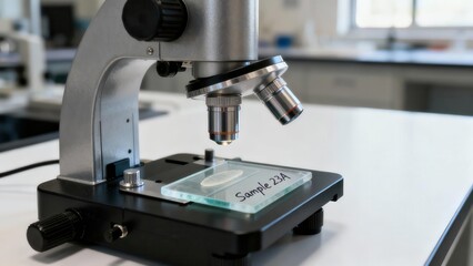 Silver and black compound light microscope with an objective focused on a labeled glass specimen slide in a brightly lit laboratory setting.