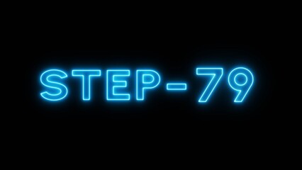 Neon step 79 number illustration. Game level up number. Glowing neon gaming level text on black background. 