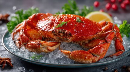 Crab is sitting on a plate of food with a lemon wedge on the side. The plate is covered in ice, and the crab is surrounded by green herbs. Concept of freshness and delicacy