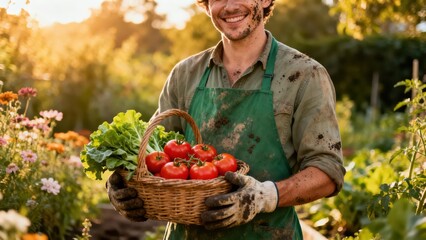 Fototapeta premium Smiling young male farmer holding woven basket of freshly harvested red tomatoes and green lettuce in golden sunlit garden.