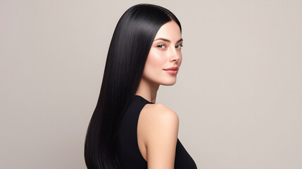 The woman with long straight hair is looking straight ahead