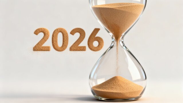 Transparent glass hourglass measuring the passage of time next to sandy three-dimensional 2026 digits. - Powered by Adobe
