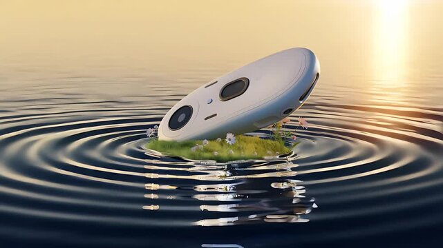 Futuristic Floating AI Pod on Water Ripple