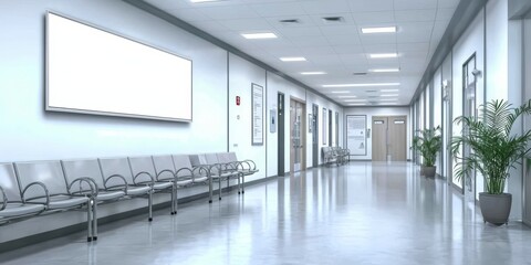 Obraz premium Modern hospital waiting room featuring an empty white poster.