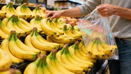 Customer hand selecting ripe yellow banana bunches from a grocery store display shelf and placing them into a clear plastic produce bag.
