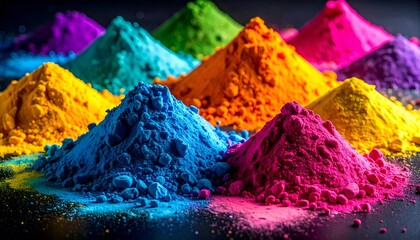 Close-up of vibrant, colorful powdered dyes piled into cone shapes, lit dramatically