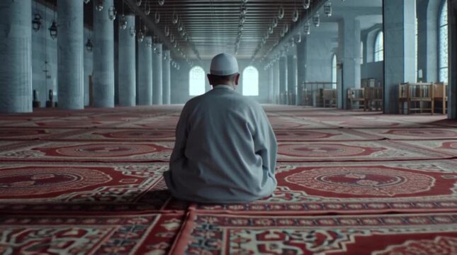 Man praying inside mosque in solemn spiritual devotion