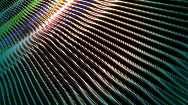 Abstract metallic lines background with colorful iridescent light reflections and smooth flowing wave motion effect