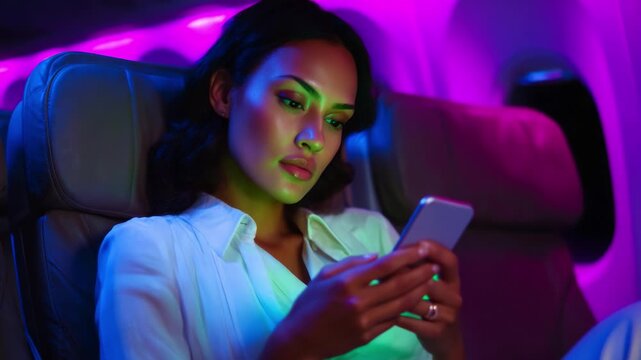A Traveler's Moment in the Sky: Captivating Glow of a Young Woman Engrossed in Her Smartphone Amidst the Ethereal Illumination of an Airplane Cabin, Emphasizing Comfort and Connectivity While Flying