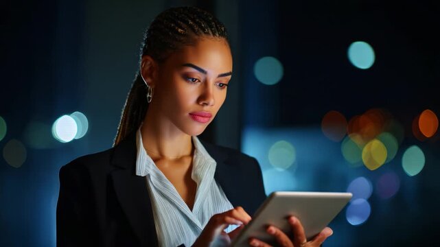 A focused young woman with braided hair engages with her tablet in a sophisticated setting, illuminated by soft city lights in the background, showcasing a moment of technology use and concentration.