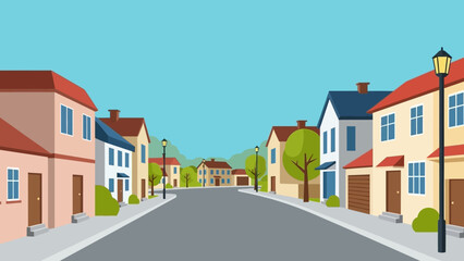 Obraz premium A serene suburban street with colorful houses and lush greenery.