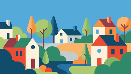 Colorful illustration of a serene village landscape with houses and trees.