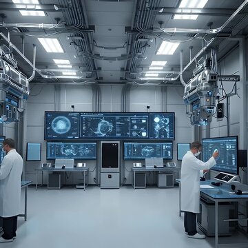 Quantum computing lab interior with suspended qubit chambers glowing cryogenic cables ultra clean symmetry futuristic scientific technology environment video
