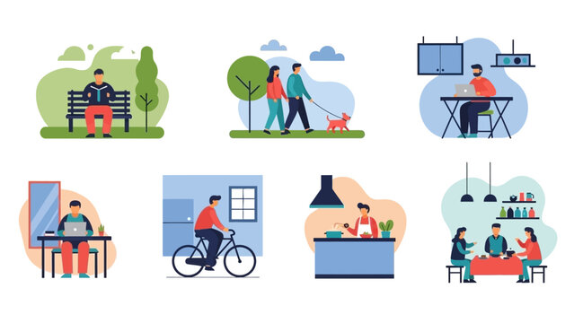 Collection of colorful flat design illustrations depicting people in various daily activities.