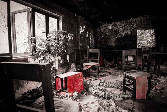 An abandoned, fire-damaged restaurant interior with charred walls, broken furniture, and creeping vegetation, creating a haunting atmosphere of decay and forgotten stories.