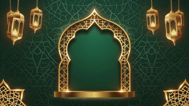 Golden ornate arch and glowing lanterns on a deep green Islamic pattern background, a festive template for Ramadan, Eid, and cultural celebrations