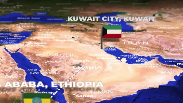 Flight From Addis Ababa ETHIOPIA to Kuwait City KUWAIT with flag pins