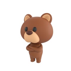 Obraz premium Cute 3D render Brown Bear character standing with arms crossed, confident and proud mascot style, isolated on white background.
